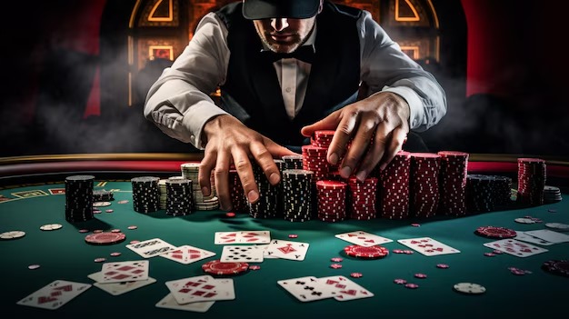 Baccarat table with dealer and cards